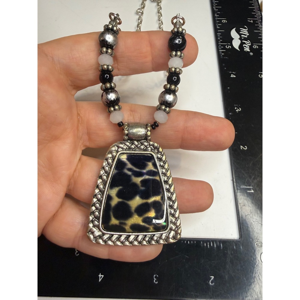 Silver Tone Leopard Print Pendant Beaded Statement Necklace Animal Print Boho